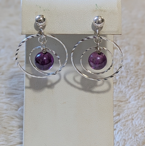 Jewelry - Vintage Sillvertone and Purple Bead Intertwined Hoop Pierced Earrings